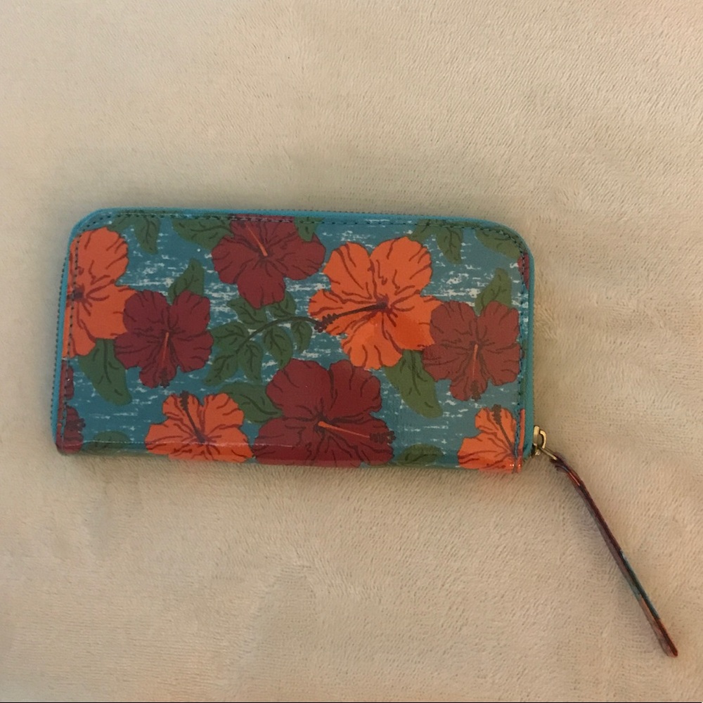 Blue Tropical and Floral Wallet with Zip Closure